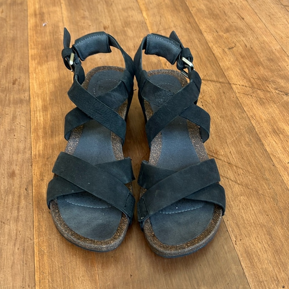 Teva Mohonia Black Wedge Cross Strap Leather Sandals Sz 6